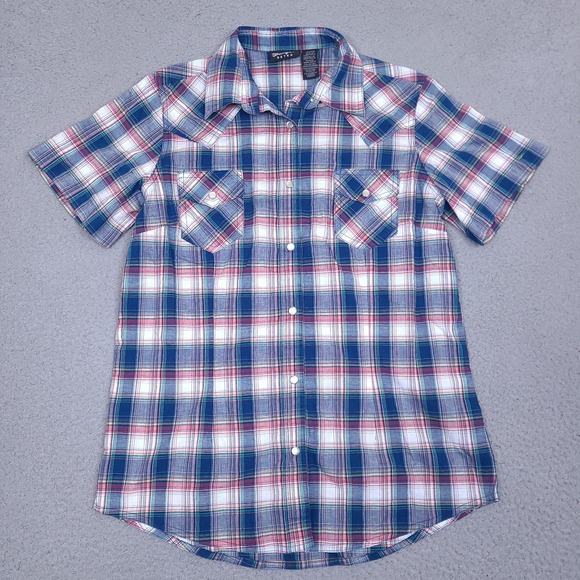 Wrangler Retro Shirt Womens Medium Plaid Western Pearl Snap Short Sleeve Rodeo - Picture 1 of 11